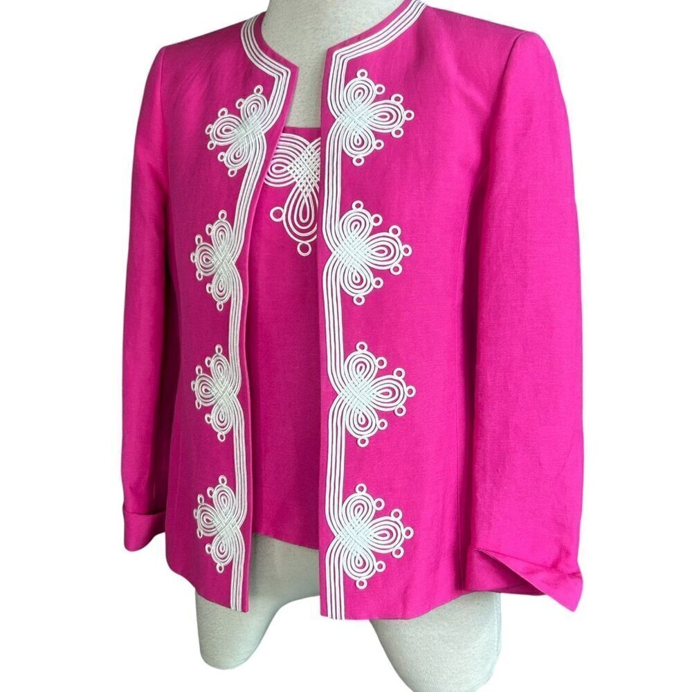 Kasper Bright Pink White Linen Blend Embroidered Scroll Jacket and Shell Outfit